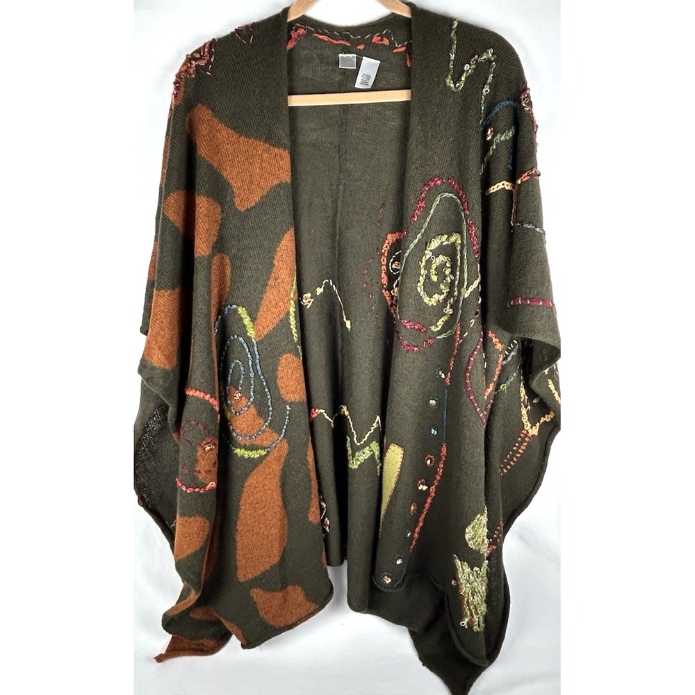 Chicos Green Embroidered Sweater Wrap Shawl Poncho Textured Boho Art To Wear